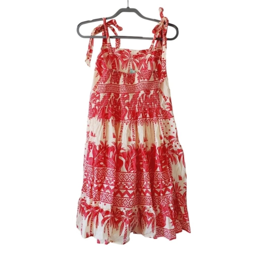 Anthropologie Red and Cream Tropical Tiered Mini Dress
